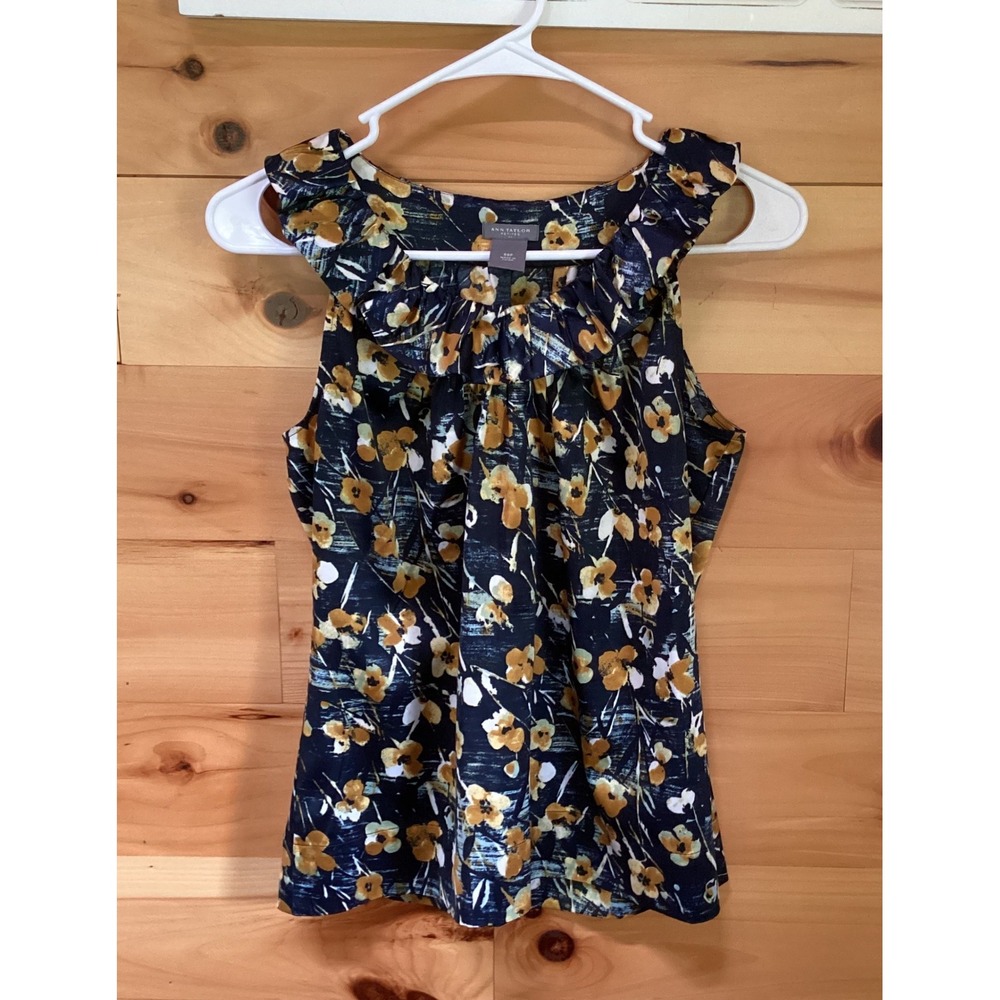 Ann Taylor Petites Navy Blue Floral Ruffle Neck Sleeveless Blouse Top 00P
